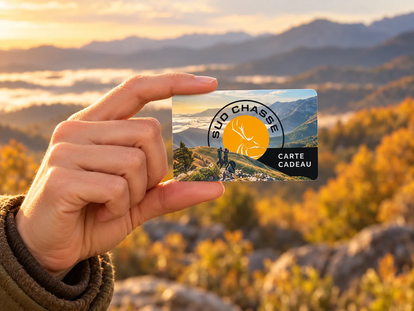Une main présente la carte cadeau Sud Chasse devant les Pyrénées.
